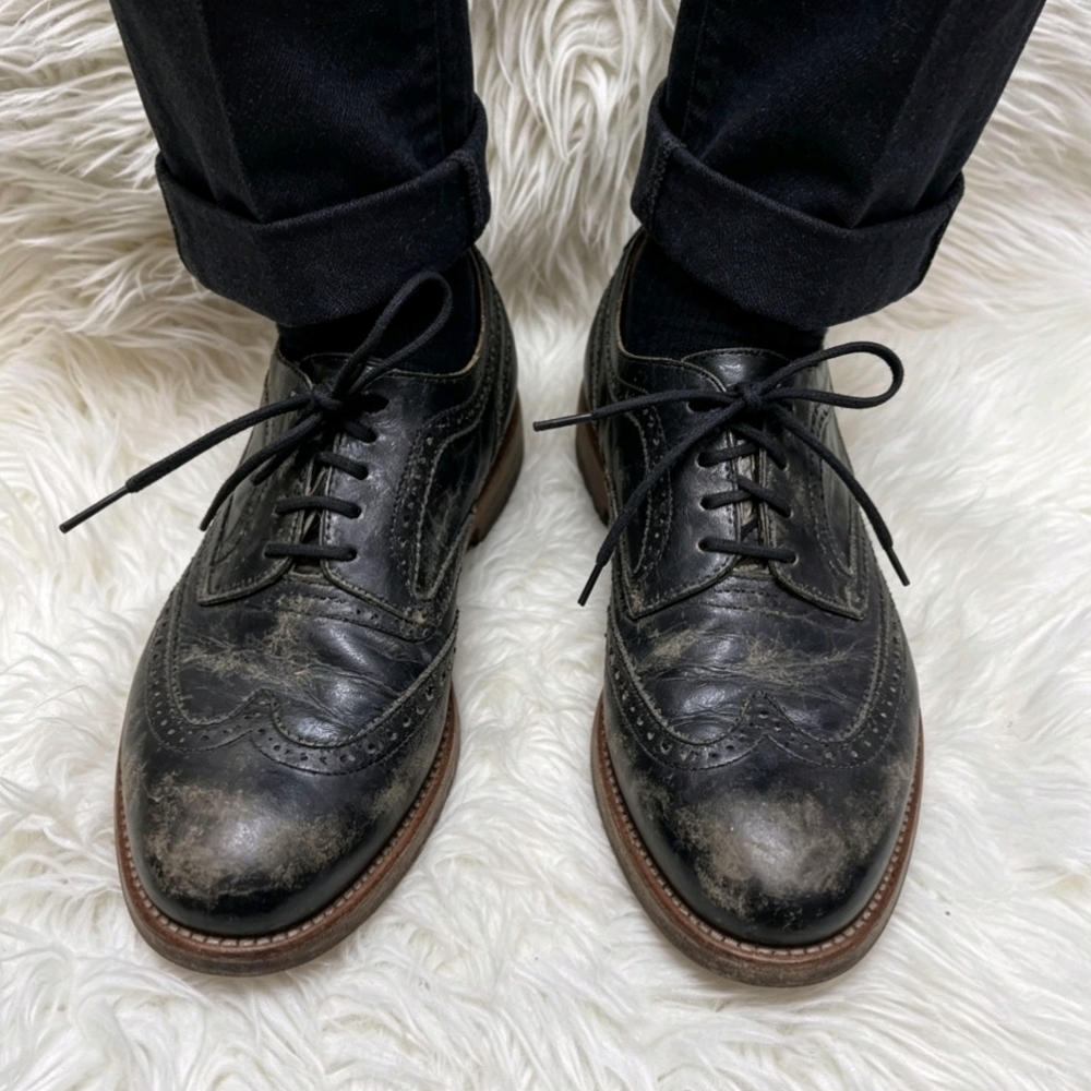 Bed|Stu Men’s Black Distressed Leather Oxford Size 10 Wingtip Lace Up Shoes